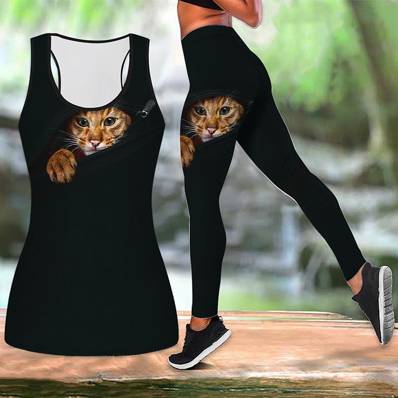 Orangenes Kätzchen-Print Yoga-Outfit für Damen Mode Trainingsleggings Fitness Sportliche Freizeit-Yogahose