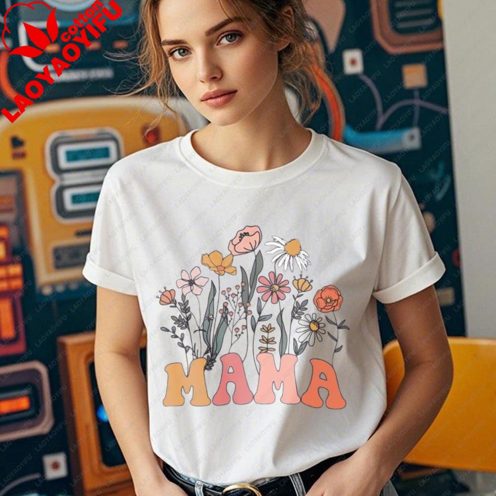 

Mama Floral Shirt Women Mom Vintage Boho Wild Flowers Graphic Tshirt Cottagecore Gardening Tops Mothers Day Gift Casual Tee S