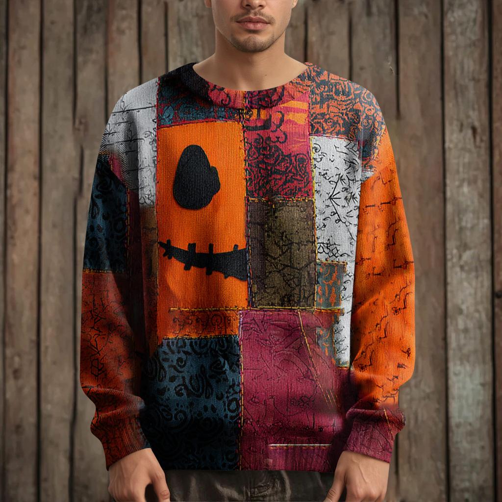 Men's Long Sleeve Pullover Sweater Casual Halloween Print Knit Oversized Sweater