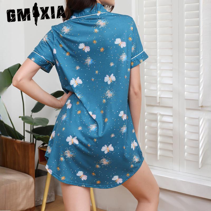 GMXIA Sommer Nachtwäsche Damen Cardigan Locker Lässig Nachthemd Hemdkragen Damen Nachtwäsche