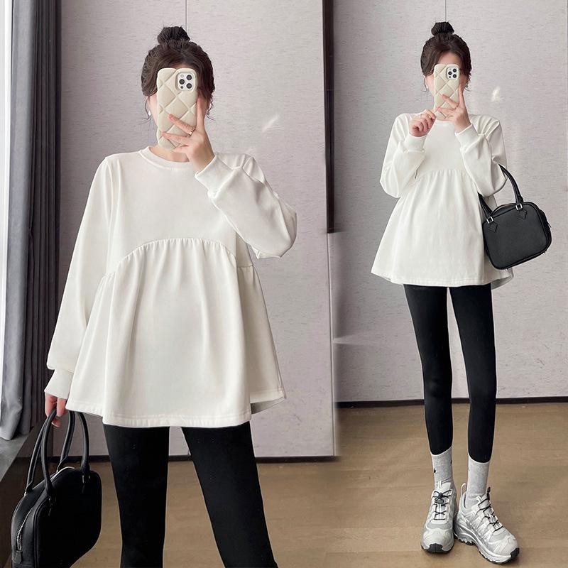 Maternity Korean Style Two-Piece: Color-Reducing, Age-Reducing Baby Doll Shirt & Long-Sleeved Sweatshirt - Plus Size, Slimming, Cover Belly.