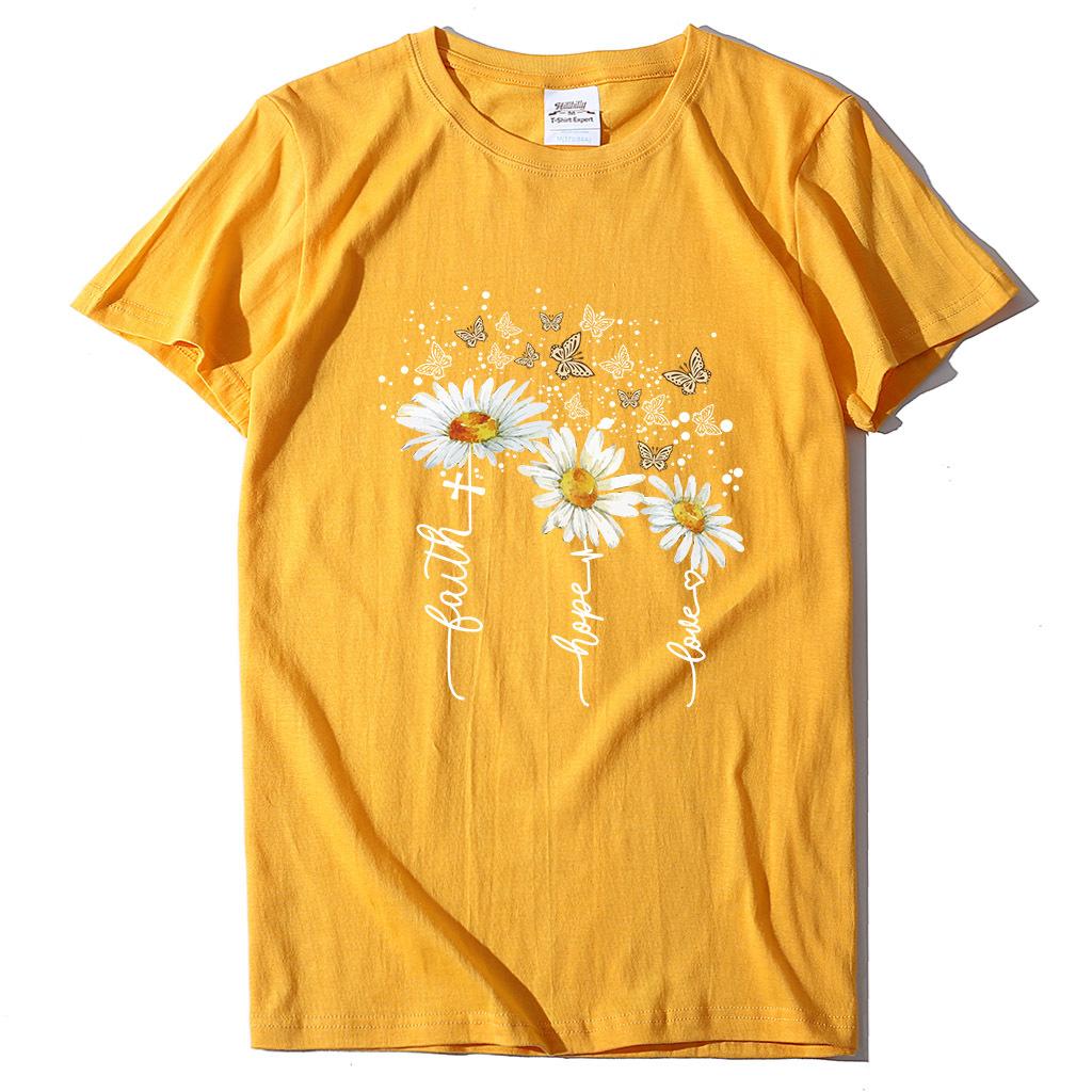 Ležérní tričko s potiskem chryzantémy a motýlů, letní top s krátkým rukávem z čisté bavlny s kulatým výstřihem, dámské