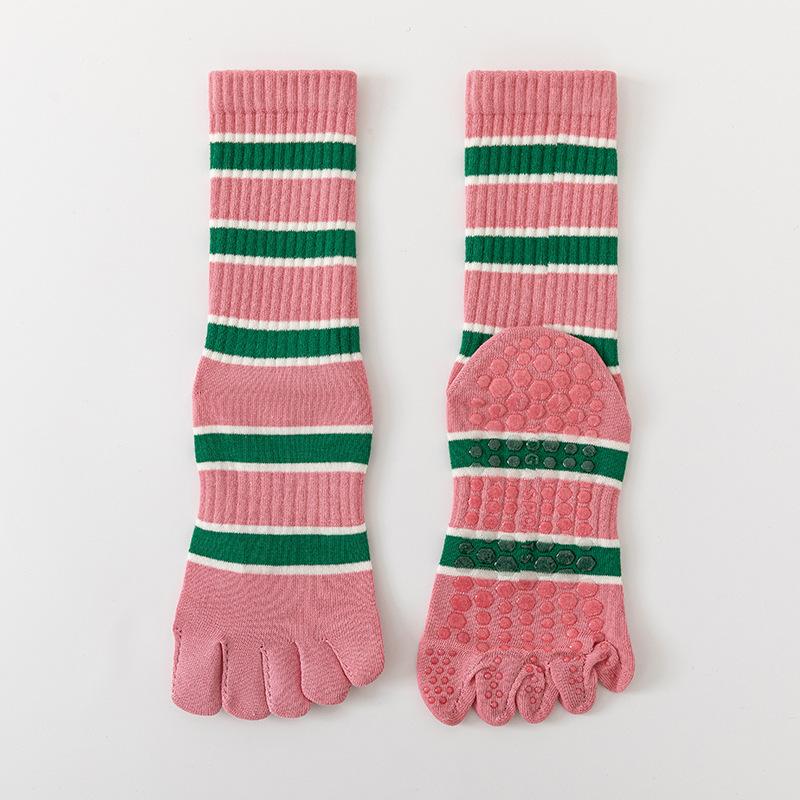 Chaussettes de Yoga à Cinq Orteils Décontractées Rayées d'Intérieur Entraînement Pilates Chaussettes Antidérapantes en Silicone Femmes Professionnel Fitness Danse Chaussettes de Sport