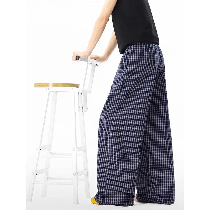 American Retro Light Dark Blue Plaid Casual Pants for Men and Women, Loose and Cool In Summer, Trendy Brand Wide-legged Lazy Long Pants