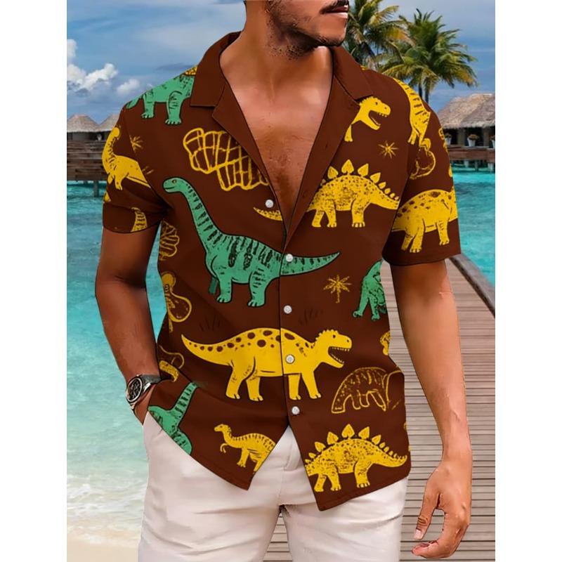 Men's Classic Retro Ocean Animal Print Short Sleeve Shirt Dinosaur Print Top