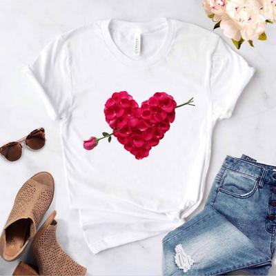 Heart Flower Print T-Shirt Ladies Casual Basis O-collar White Shirt Short Sleeve Ladies T-Shirt Love Graphic Printing