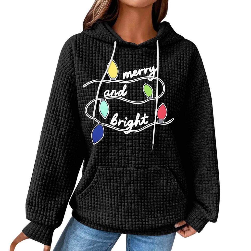 Women's Fashion Loose Hooded Pullover Long Sleeve Plaid Sweatshirt With Drawstring, Drop Shoulder, Pocket, Christmas Print Top