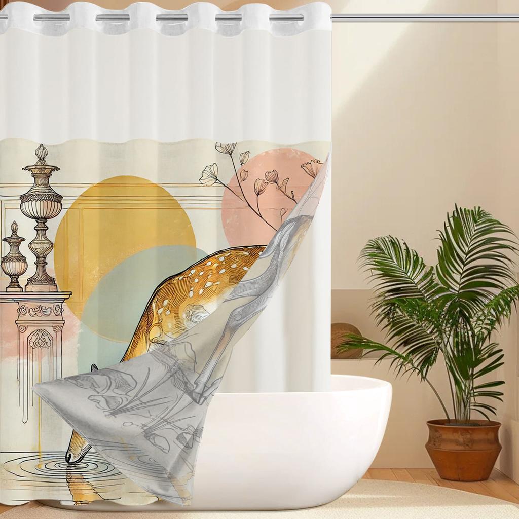 No Hook Sika Deer Pattern Shower Curtain With Snap-in Fabric Liner, Sheer Top Window, Waterproof Double Layer Bathtub Curtain