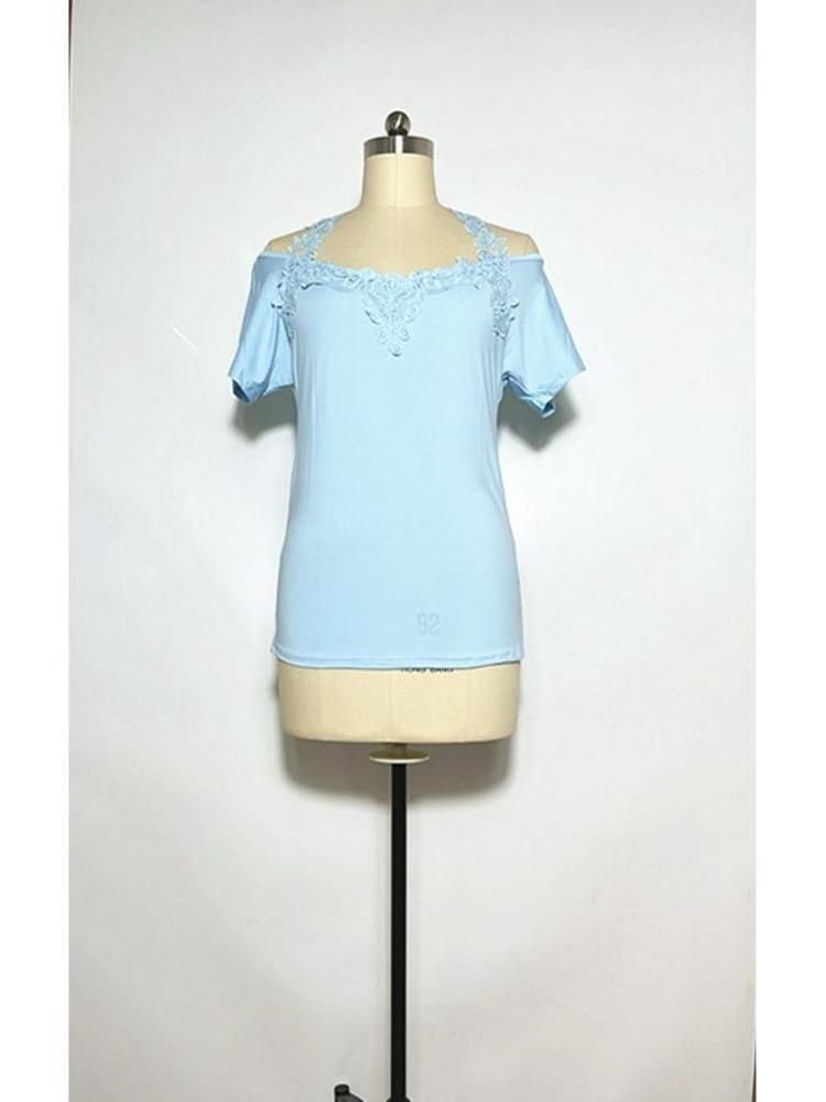 American Style European Women's Casual Loose V Neck Short Sleeve T Shirt with Lace Splice