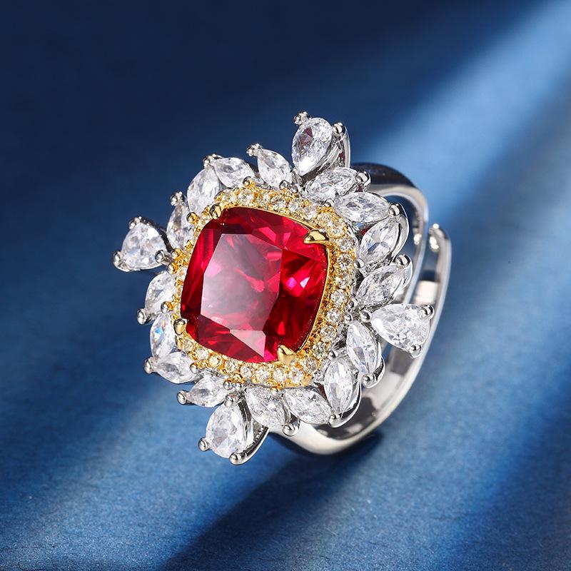 Jewelry Copper Bottom Gold-Plated Jewelry Set Simulation Color Red Corundum Treasure Retro Fat Square Set Female 10 * 10