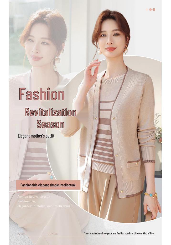 Stylish Spring Knit Cardigan and Striped Top Two-Piece Set for Middle-Aged & Elderly Women