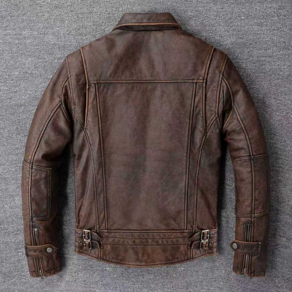 Tamanho chinês Homens Jaqueta de couro genuíno Vintage Marrom 100% Couro de vaca Casaco Homem Slim Moda Motociclista Roupas Tamanho asiático S-6XL M697