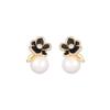 Luxury Black Rose Flower & Pearl Stud Earrings For Women, Elegant Winter Ear Jewelry With Full Rhinestones