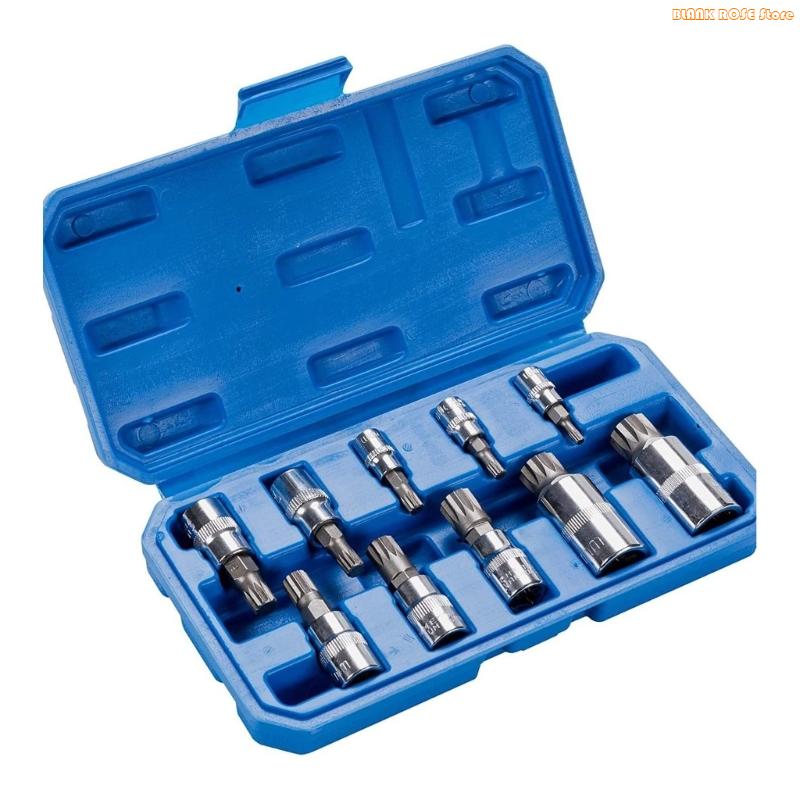 K1AE 10 Stück Autoreparatur 1/4" 3/8" 12-Zahn Dreikant Spline Bitsteckschlüssel Satz