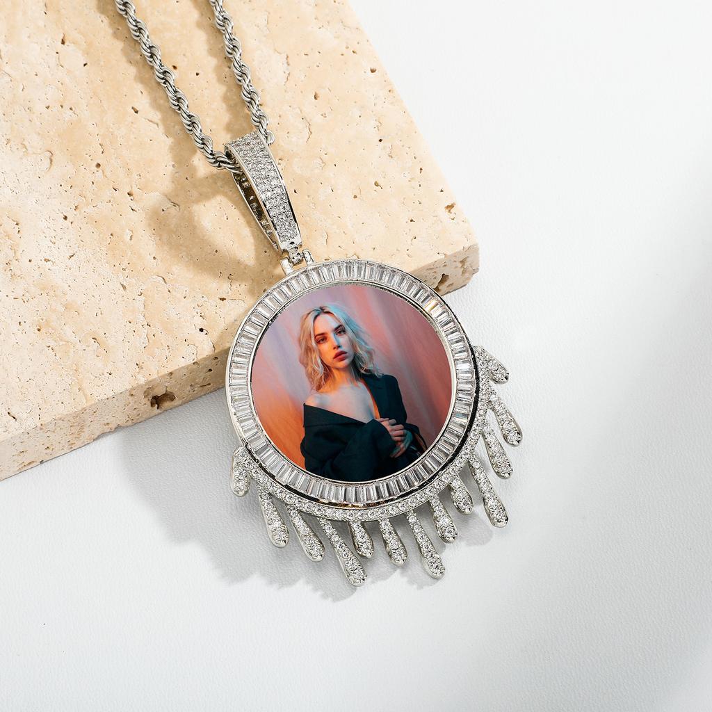 Top Icy DIY Customized Water Drop Style Iced Out Cubic Zircon Silver Gold Jewelry Circle Photo Necklace Private Photo Pendant