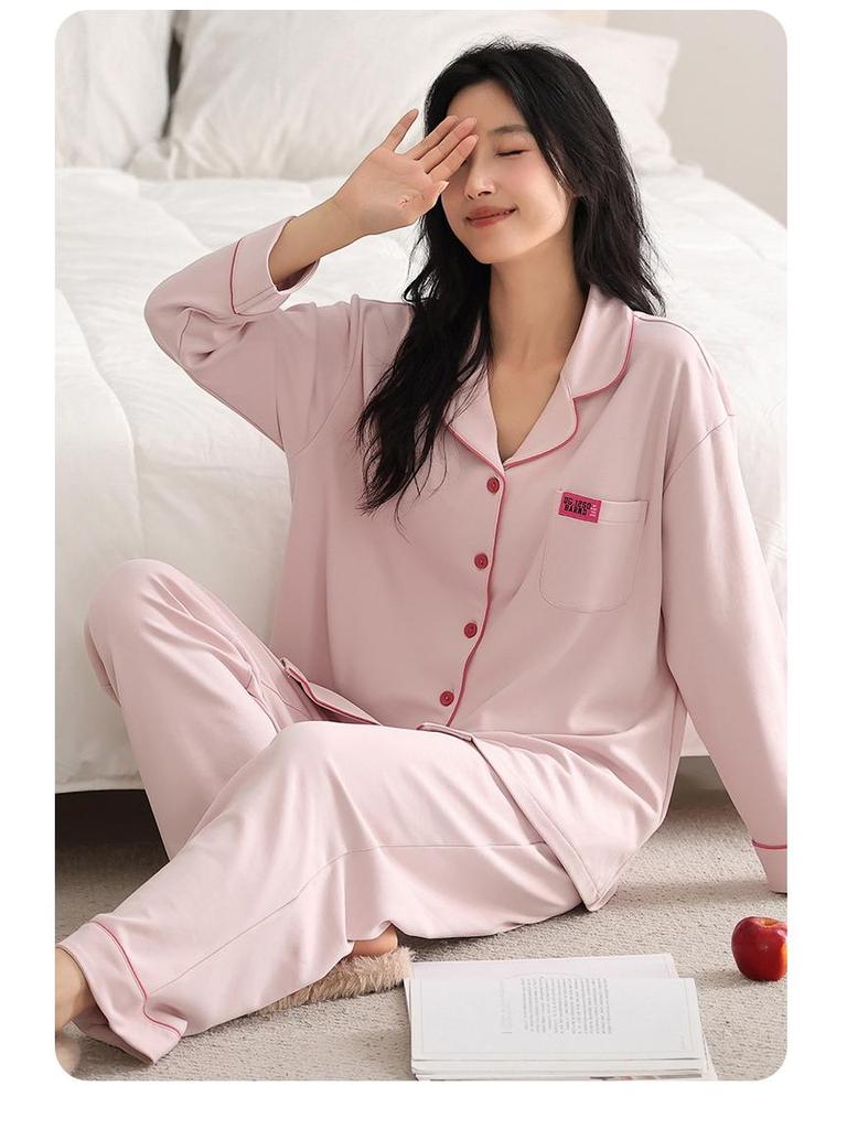 Women's Plus-Size Pure Cotton Long Sleeve Pajama Set with Breast Pads - High-End Spring/Autumn Home Wear