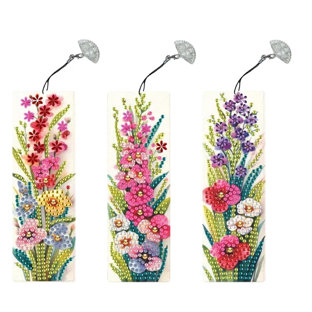 3Pcs Special Shape Flower Diamond Bookmark Art Projects Diamond Painting Bookmark Making Kit Diamond Art Bookmark with Pendant