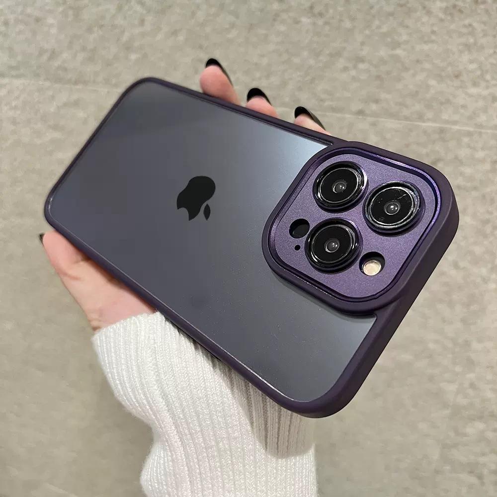 Applicable To Apple 14Pro Dark Purple Mobile Phone Case Iphone13 Anti-fall Gold Shield High-end 15 Fine Hole Protection Case