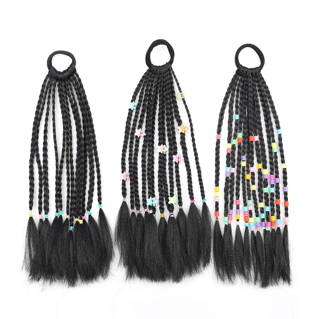 Short Dreadlocks Black Braided Ponytail Hair Extensions for Girls Colorful Beads Decorated Stylish Synthetic Hair Accessories Daily