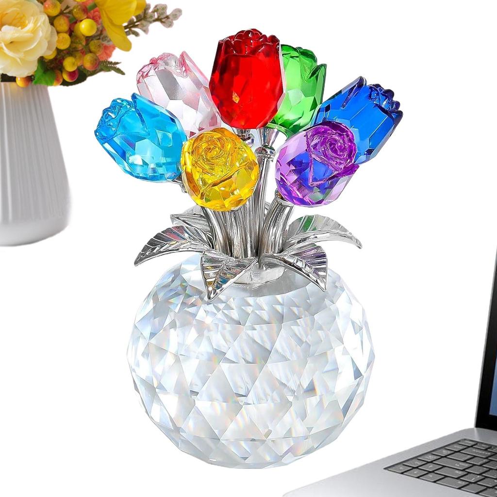 Crystal colored rose ornament with vase Colorful Rose Love Home Decor Crystal Flower Figurines Table Colourful Rose Bouquet Deco