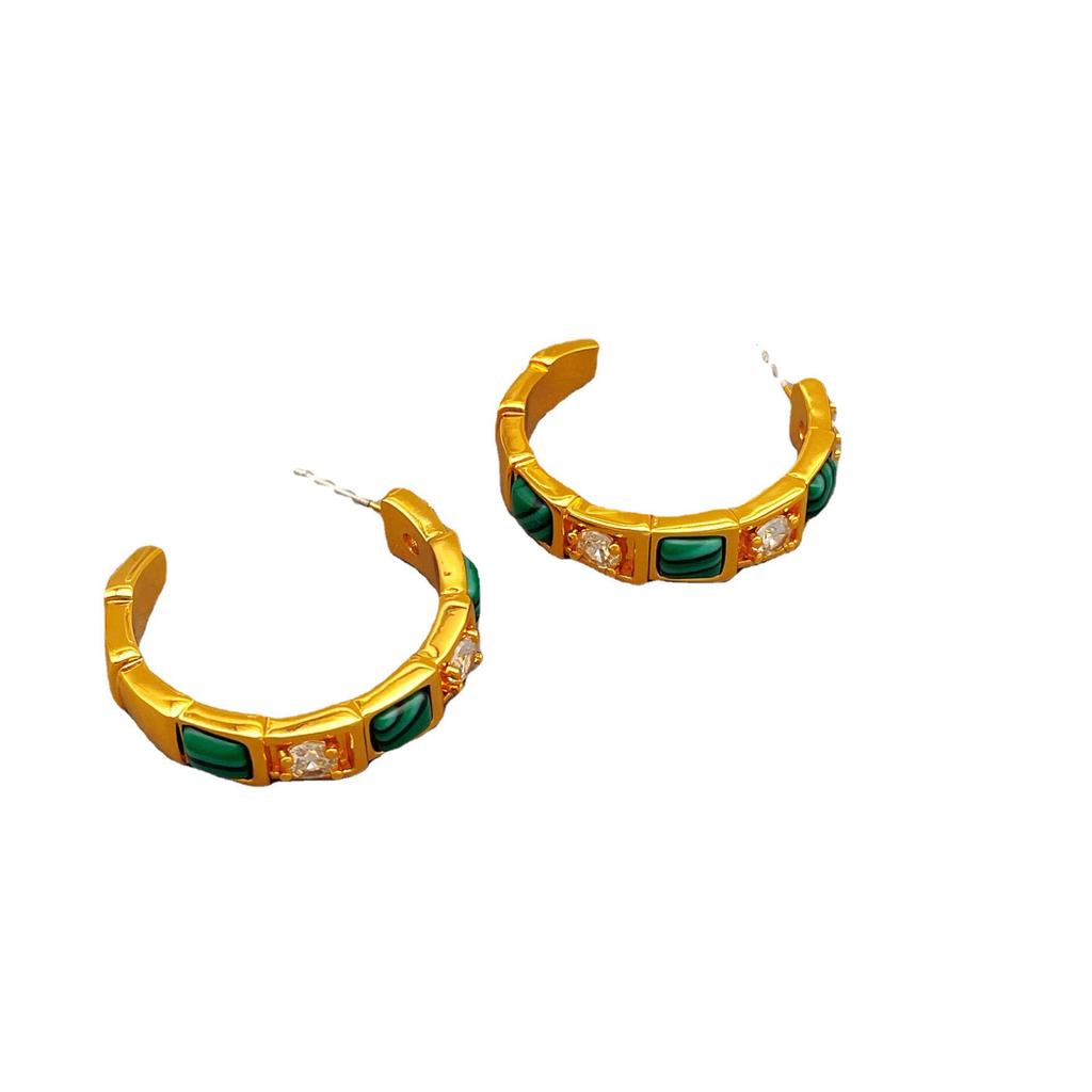 Retro European and American Malachite C-Shaped Earrings: High-End Luxury Fashion Jewelry for Women