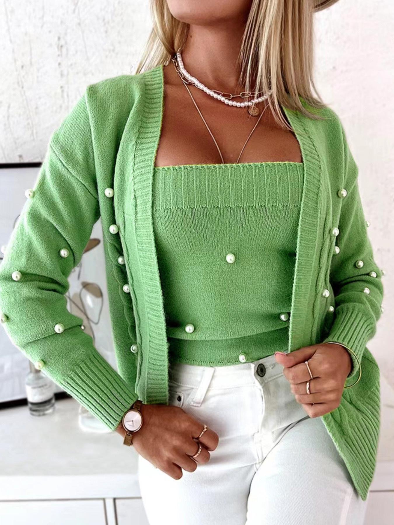 

Кардиган в европейском и американском стиле, короткая куртка с жилетом: Вязаный костюм из двух частей для весны и осени Medium зелёный