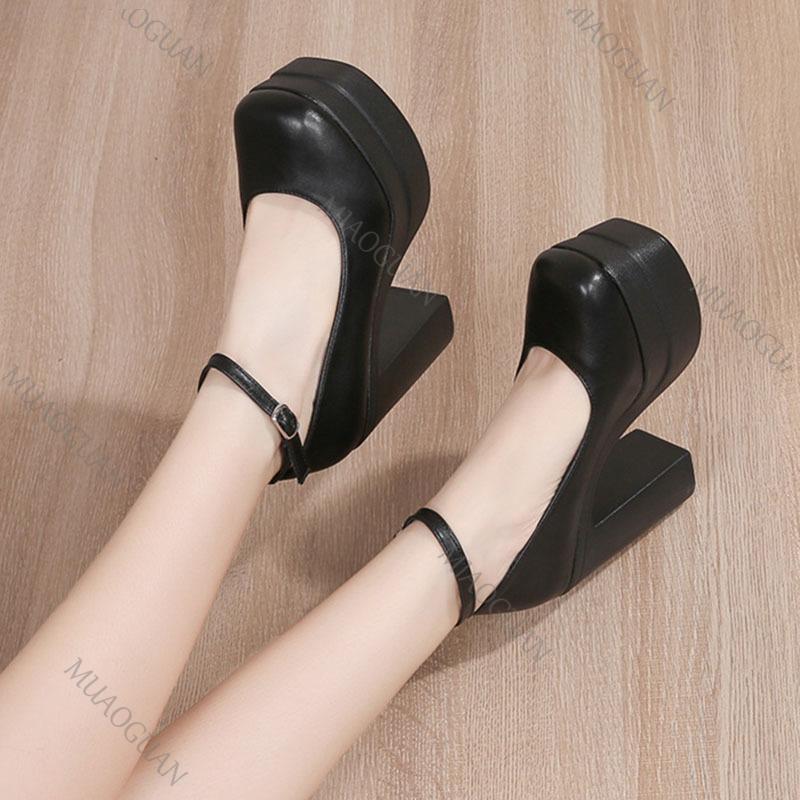 Fashion Sexy Thick-soled Single Shoes Women's 11CM High Heels Ankle Buckle Black Spring Autumn Women's Platform Heels Pumps for Women