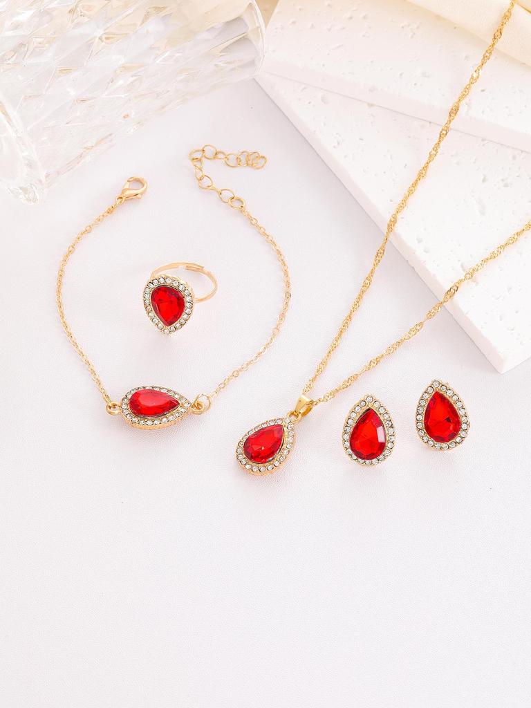 European & American Water Drop Diamond Bridal Jewelry Set (Necklace, Earrings, Ring)