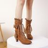 Retro Women's Boots Butterfly Knot Lace Up 6cm Square Heel High Heel Ruffle Silk Ribbon Short Boots 34-39 Large Size Women Shoes