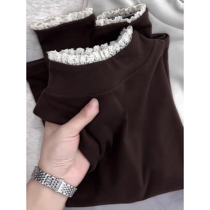 

2026 Women s High Neck Lace Patchwork Long Sleeve Top - Autumn/Winter Velvet Base Shirt Medium
