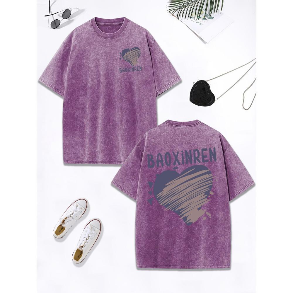 Personalized Graffiti Love Prints Washed T-Shirt Womens Cotton Oversized Tops Street Distressed O-Neck Clothes