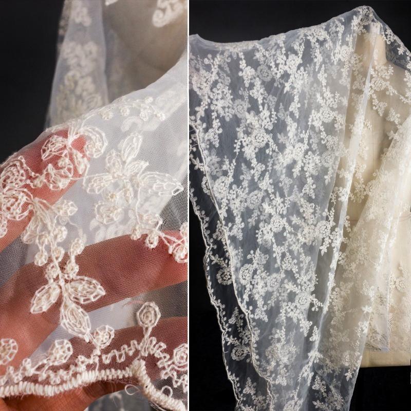 Pattern Lace Tulle Off-White Embroidered Floral Fabric Designer Creative DIY Semi-Transparent Wedding Dress Skirt Designer