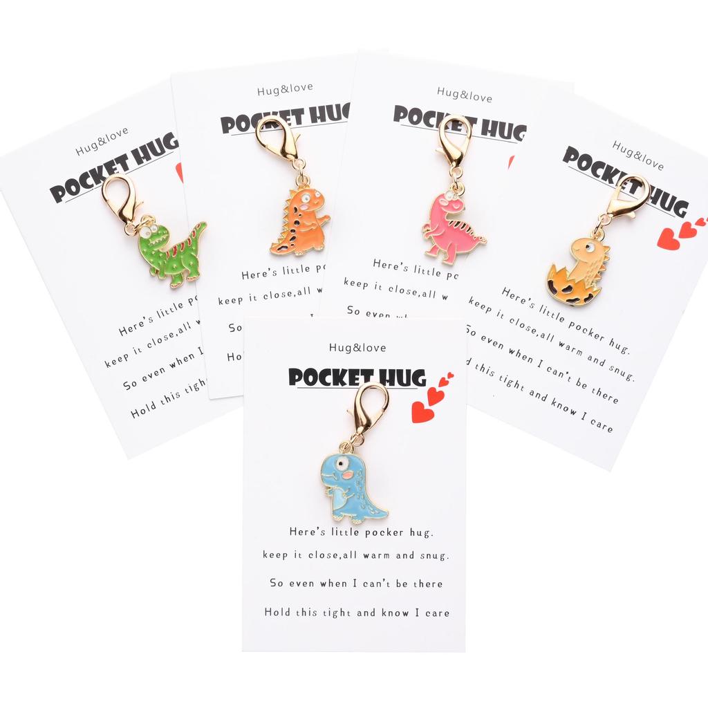 Cute Cartoon Dinosaur Keychain with POCKET HUG English Hug Card and Bag Pendant