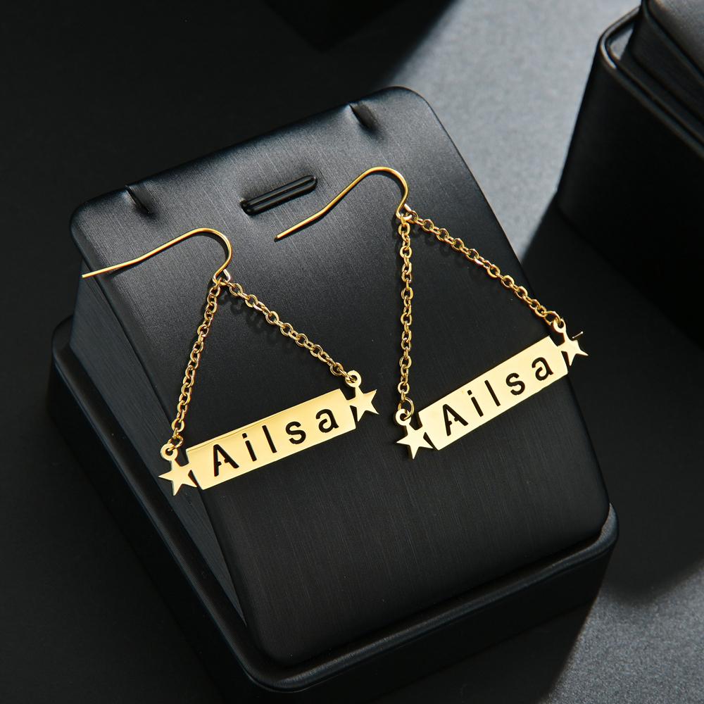 Atoztide Personalized Customized Round Star Name Earring Stainless Steel For Women Girl Fashion Eardrop Birthday Jewelry Gift