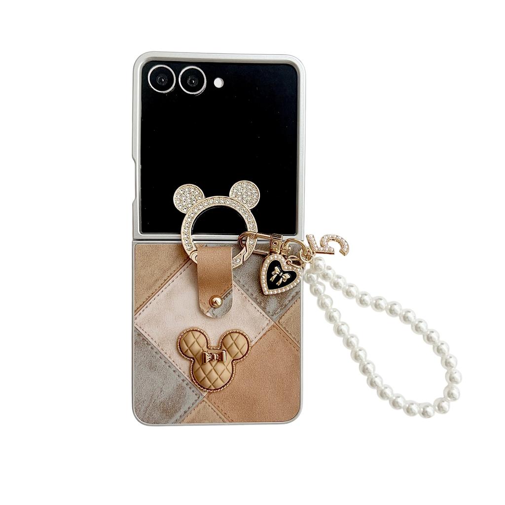 3D Silver Edged Ring Wrist Strap Retro Mouse Phone Case with Pearl Bracelet for Samsung Galaxy Z Flip 7 FE 6 5 4 3 Flip7