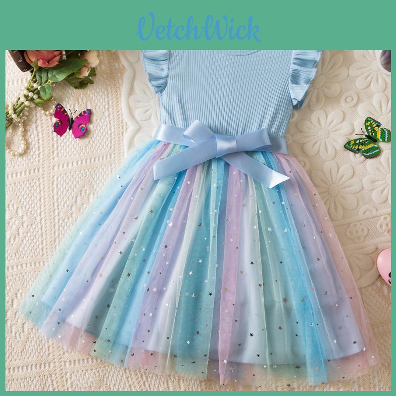 Girl Summer Princess Dress With Glitter Tulle Fabric For Toddler Birthday Party