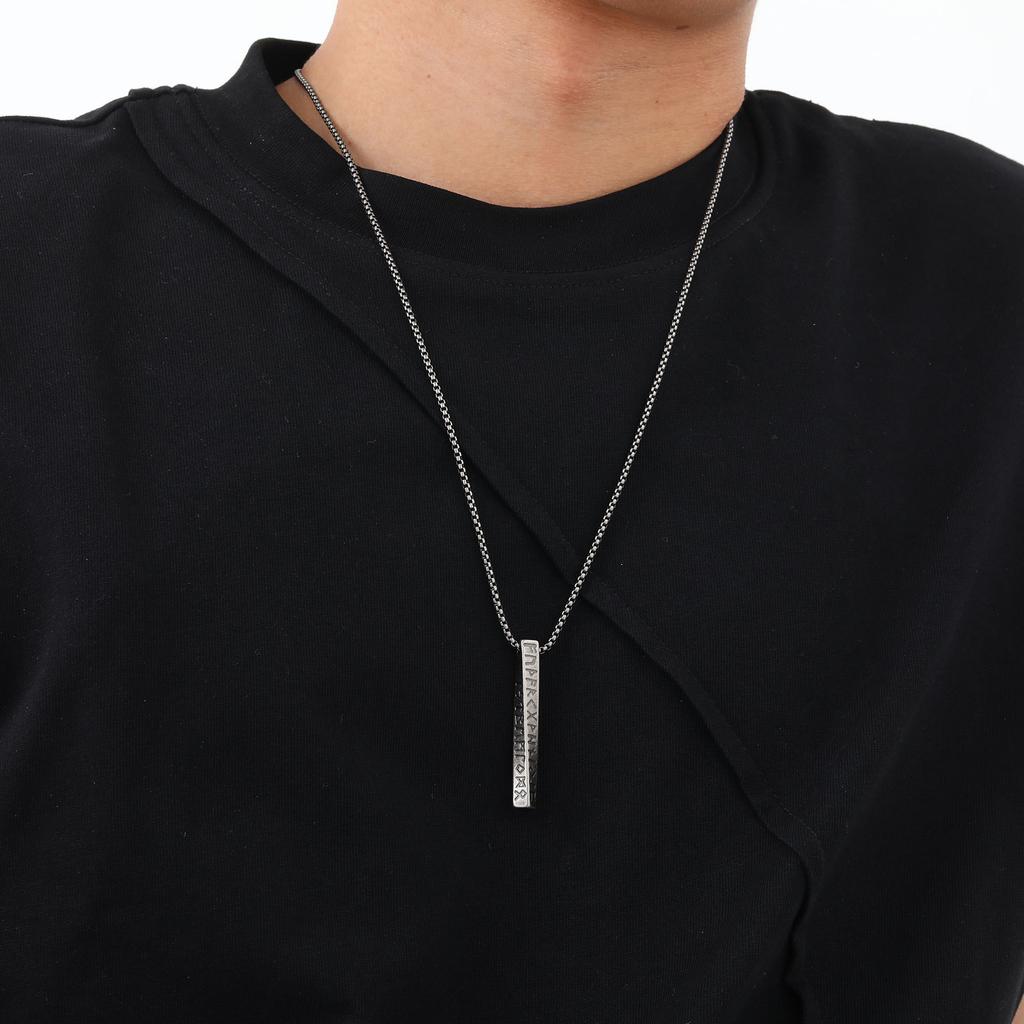Vintage Nordic Viking Rune Pendant Necklace for Men Stainless Steel Twisted Bar Jewelry