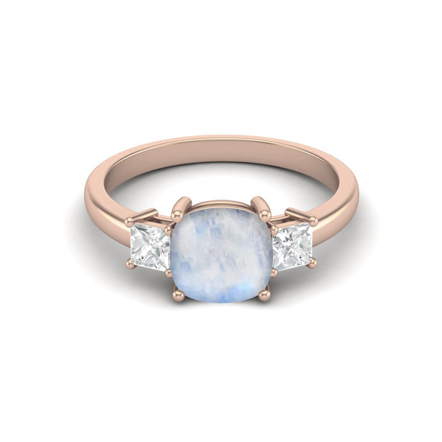 

925 Sterling Silver Rose Vermeil 7 MM Cushion Shape Moonstone Three Stone Engagement Women Ring 6 Яскраво-рожевий
