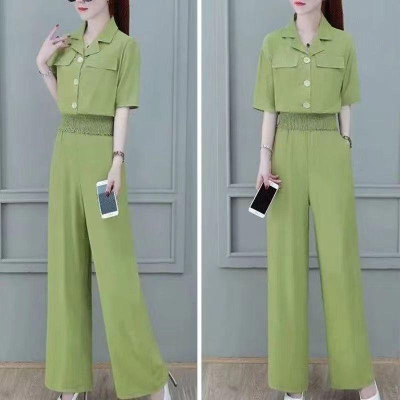 Women's Summer Fashion Suit: Short Slim Fit Top & Wide-Leg Pants Two-Piece Set