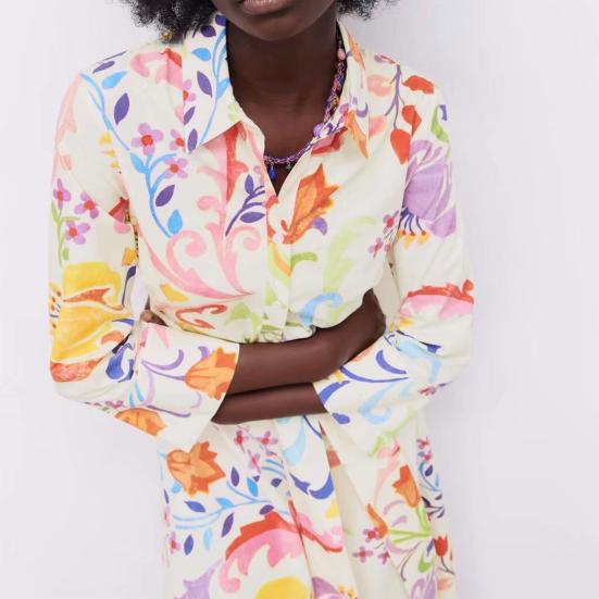 Floral Print Women Dress Turn-down Collar A-Line 45720 Sleeve Single-breasted Mid-Calf Shirt Dress
