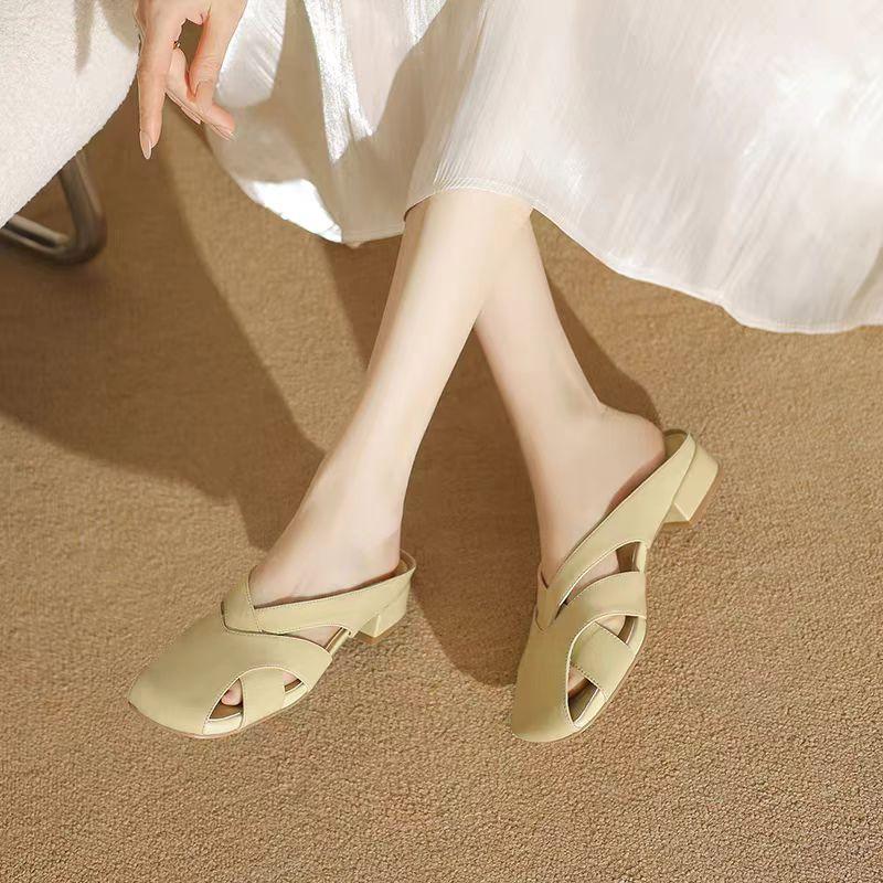 Mode Fyrkantig Tå Höga Klackar Tofflor Kvinnor Klackade Sandaler Mules Skor Sommar 2025 Kvinna Flip Flops Pumps Strandskor Vardagliga Slides