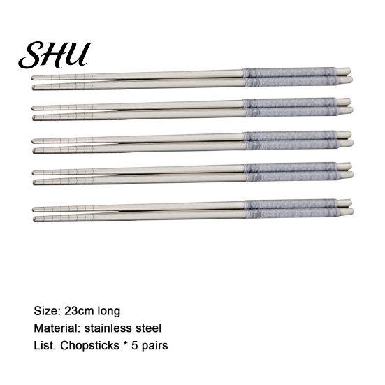 Chinese Stainless Steel Chopsticks 5 Pairs Food Stick Porcelain Pattern Anti-Slip Stylish Non-slip for Home