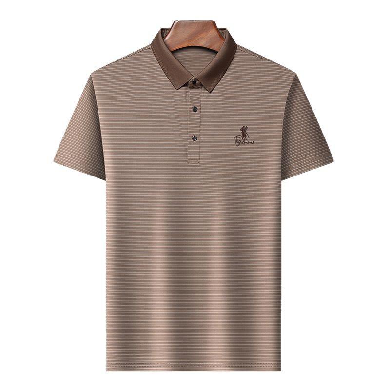 Short Sleeve Polo Shirt Men'S Casual Breathable Thin Yarn Striped Embroidered Lapel T-Shirt