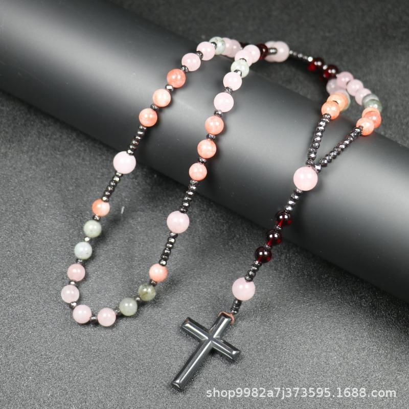 Mixed Gemstone Rosary Necklace – Hematite Cross Pendant, Love Balance Protection Gift for Men & Women
