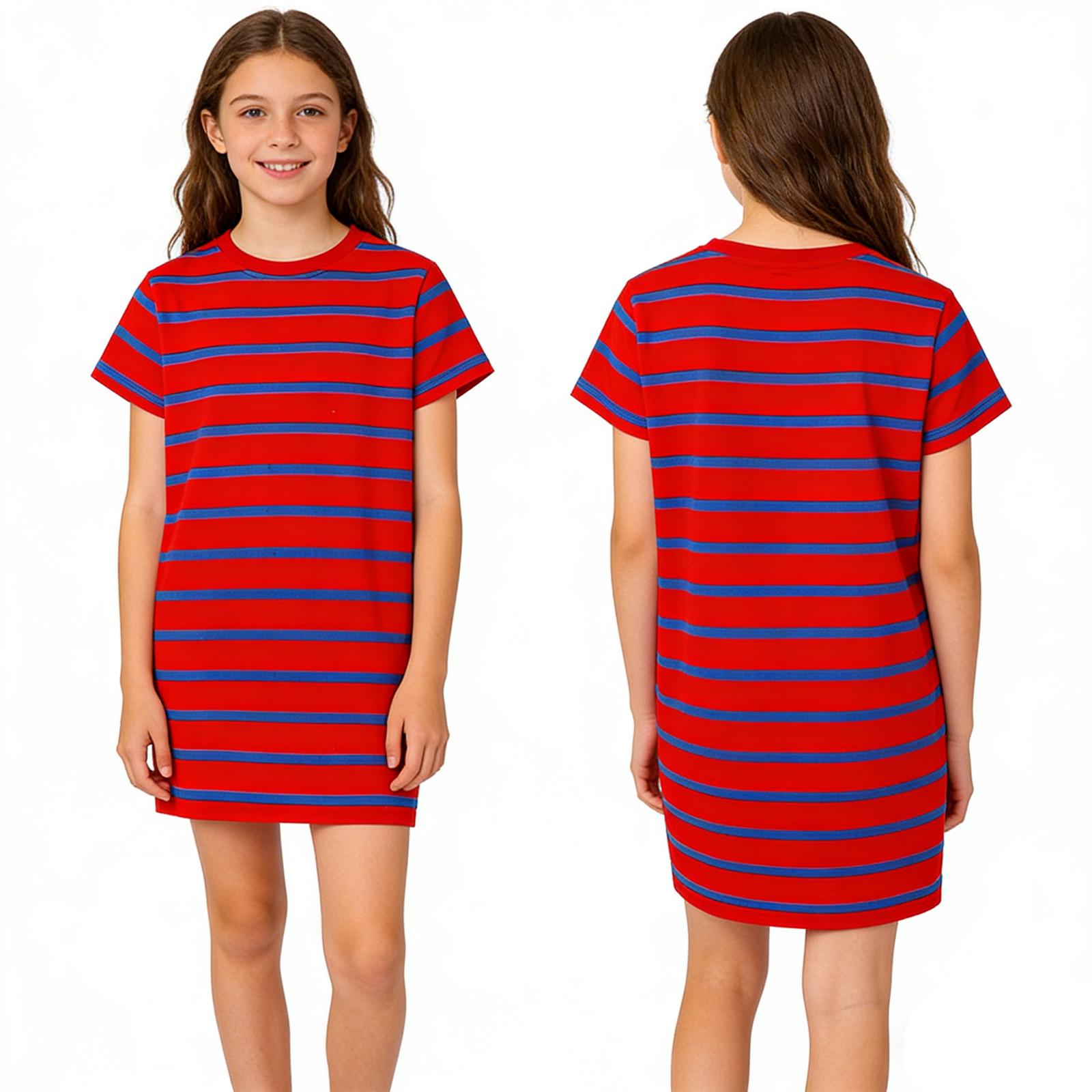 Children s Casual Dress Round Neck Fashionable Striped Short Sleeved Dress 160 красный
