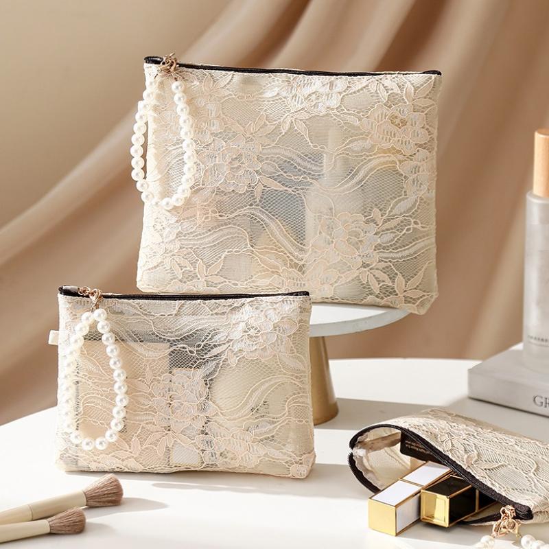 Lace Cosmetic Bag With Pearl Wrist Strap And Semi Transparent Design Perfect For Daily Makeup Storage Travel Use