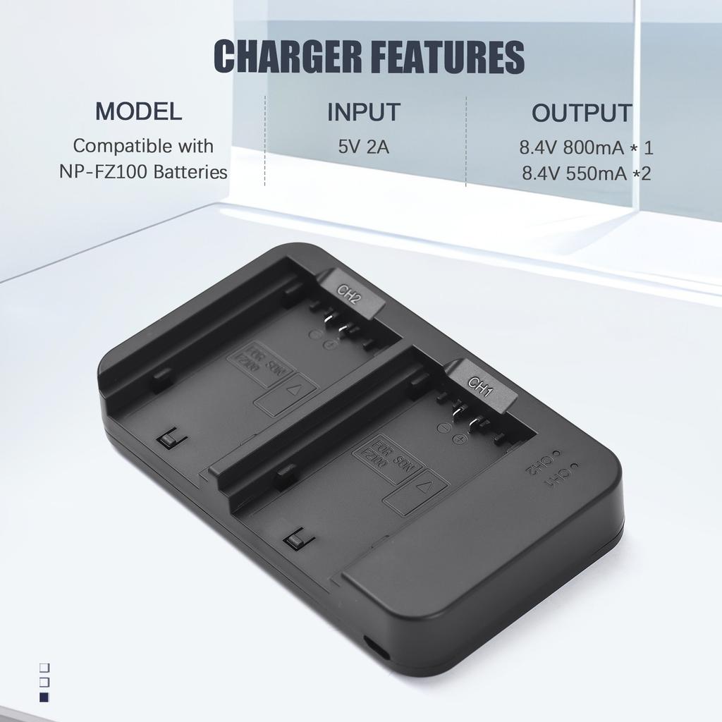 Camera NP FZ100 Battery & Charger Kit with 2 Slot Battery Charger + 2pcs NP FZ100 Batteries 7.2V 2300mAh + USB