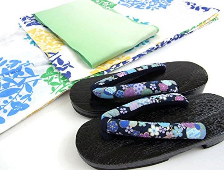 Women's M-L Size Yukata, Obi, and Geta (3-piece Set). White Background with Blue Modern Leaf Design. Women's Yukata 3-piece Set. Sale.
