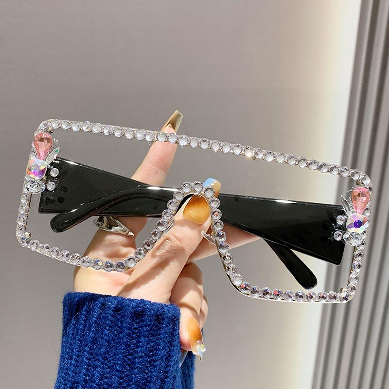 Large Frame Diamond-set Sunglasses Women's Anti-ultraviolet Glasses One-piece Sunglasses Rhinestone Glasses 5-1