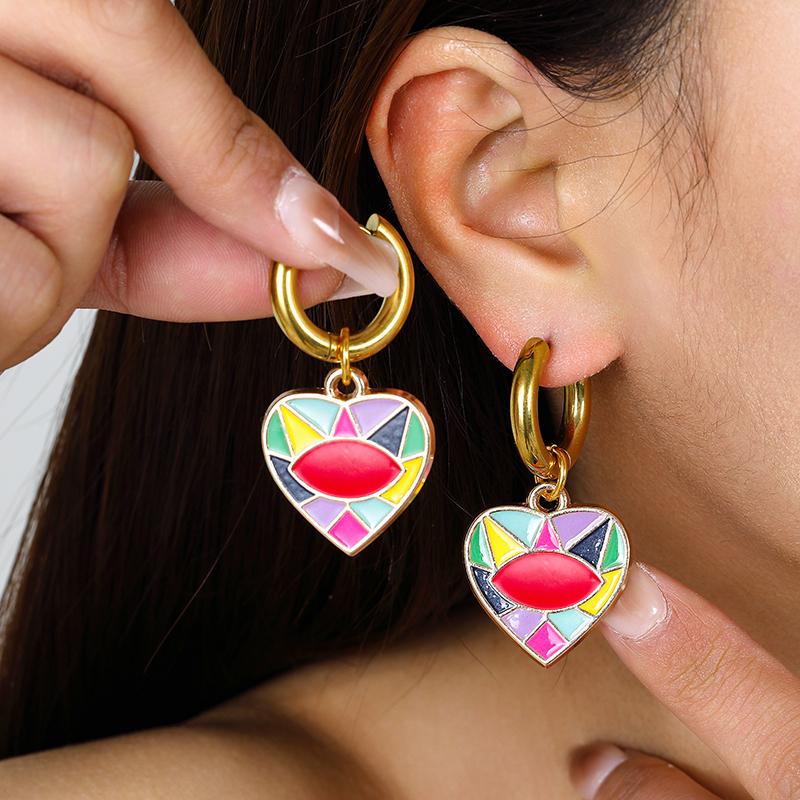 New Colorful Eye Love Heart Stainless Steel Hoop Earrings For Women Vintage Statement Enamel Gold Color Pendant Earrings Zircon